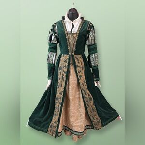SOLD OOAK Green & Gold, Velvet & Brocade Quality Italian Renaissance Dress XS-S